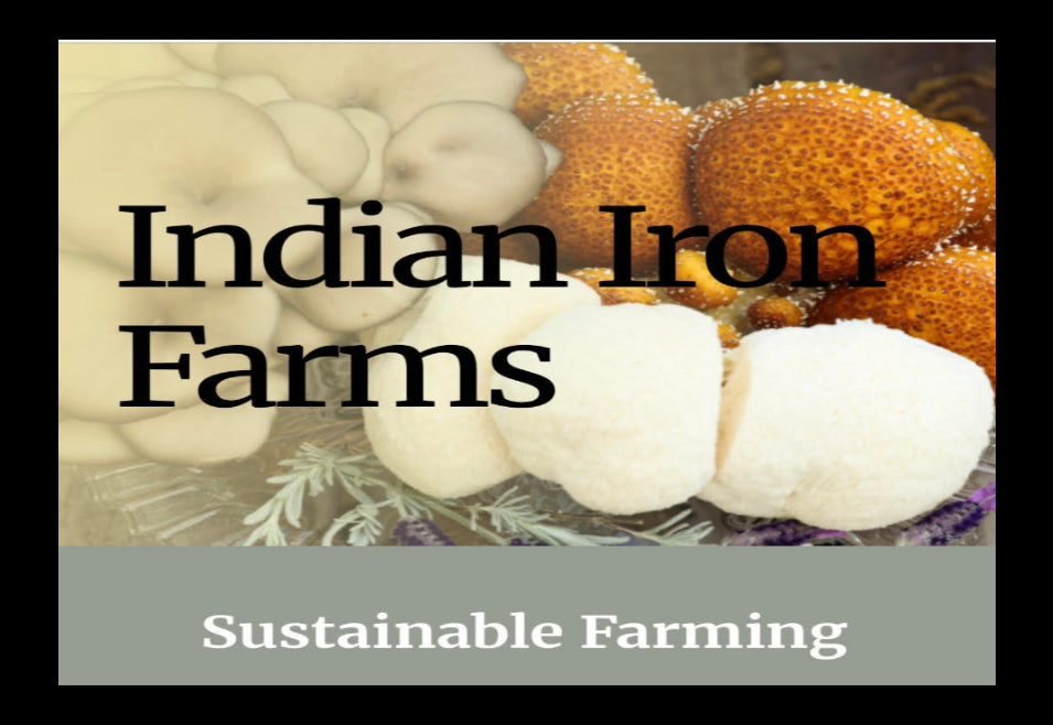 Text 'Indian Iron Farms' with 'Sustainable Farming' below, over a background of iron ore.